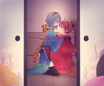  akemi_homura animal_print blue_eyes blue_hair blush fake_horns hug japanese_clothes kaname_madoka kimono mahou_shoujo_madoka_magica mahou_shoujo_madoka_magica_movie miki_sayaka mizuki_(flowerlanguage) momoe_nagisa multiple_girls red_eyes red_hair sakura_kyouko scarf tears tiger_print tomoe_mami translation_request yuri 