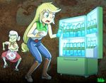  &lt;3 abstract_background applejack_(eg) blonde_hair bottle dancing equestria_girls equine eyes_closed eyewear fallout female granny_smith_(eg) granny_smith_(mlp) green_eyes hair horse human humor long_hair mammal medicine my_little_pony nuka_cola original_character other poison posion potion smile surprise uotapo water 