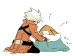  &gt;_&lt; bad_id bad_pixiv_id blazblue closed_eyes dead_spike jacket kuro_yuzu ragna_the_bloodedge red_jacket silver_hair 