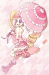  bare_back big_hair blonde_hair blue_eyes boots bow dress drill_hair earrings eyepatch hair_bow harime_nui heart jewelry kill_la_kill leg_up long_hair mayuhiko3310 parasol pink_bow pink_footwear smile solo strapless strapless_dress twin_drills twintails umbrella 