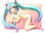  aqua_eyes aqua_hair ayase_midori between_breasts blush breasts cleavage crossed_arms frame hair_ornament hatsune_miku headset large_breasts long_hair necktie necktie_between_breasts no_pants open_mouth panties solo tattoo topless twintails underwear very_long_hair vocaloid white_panties 