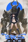  bikini_top black_gloves black_hair black_rock_shooter black_rock_shooter_(character) boots character_name doyora dual_wielding flat_chest gloves gun holding horns jacket knee_boots long_hair monster open_clothes open_jacket rifle solo_focus sword twintails uneven_twintails weapon 