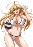  antenna_hair bikini blonde_hair fang ikkitousen looking_at_viewer navel open_mouth simple_background smile solo sonsaku_hakufu source_request swimsuit thighs volleyball white_background white_bikini 