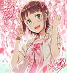  :d amami_haruka blush bow bracelet brown_hair character_name dated flower green_eyes hair_bow hair_ribbon happy_birthday heart idolmaster idolmaster_(classic) jewelry open_mouth petals redrop ribbon ribbon-trimmed_clothes ribbon_trim short_hair smile solo 