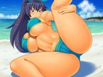  1girl ass beach breasts ganaha_hibiki idolmaster kawanuma_uotsuri large_breasts ocean ponytail solo 