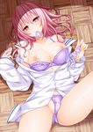  bare_shoulders basketweave blush bra breasts condom condom_in_mouth condom_wrapper heart heart-shaped_pupils heterochromia large_breasts looking_at_viewer lying mirei-san_(suterii) mouth_hold off_shoulder original panties partially_unbuttoned partially_visible_vulva pink_eyes pink_hair purple_panties solo suterii symbol-shaped_pupils underwear 
