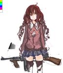  ahoge gun long_hair original panties_(pantsu-pirate) plaid plaid_skirt red_hair school_uniform skirt solo submachine_gun thighhighs thompson_submachine_gun weapon yellow_eyes 