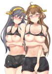  2girls black_hair breast_hold breasts breasts_outside haruna_(kantai_collection) kantai_collection kongou_(kantai_collection) large_breasts long_hair mamo_williams multiple_girls navel nipples 