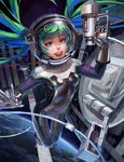  aqua_hair blue_eyes bodysuit breasts doyora hatsune_miku helmet long_hair orbit skin_tight small_breasts smile solo space spacesuit tools twintails very_long_hair vocaloid 