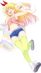  attsun_(atsushi_jb) blonde_hair blue_eyes blush bracelet denim denim_shorts earrings green_legwear hair_ribbon highres jewelry kirisaki_chitoge long_hair looking_at_viewer midriff navel nisekoi one_eye_closed open_mouth ribbon shorts simple_background smile solo thighhighs white_background 