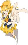  ;d blonde_hair boots bow bowtie brooch cure_honey foreshortening full_body hair_bow happinesscharge_precure! jewelry knee_boots long_hair magical_girl microphone one_eye_closed oomori_yuuko open_mouth orange_eyes outstretched_hand ponytail precure skirt smile solo standing umanosuke white_background wide_ponytail yellow yellow_skirt 