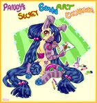  blue_hair button donkey drawing ear_tuft equine female fur hair hair_bobbles happy hooves long_hair looking_at_viewer looking_back mammal nude paintbrush patchwork pencil sitting smile solo stitches tuft vera yellow_fur 