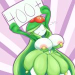  areola big_breasts breasts eyes_closed female flora_fauna holding_object huge_breasts lilligant masked-agent nintendo plant pok&eacute;mon pok&eacute;mon_(species) sign simple_background solo video_games 