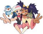  2girls axew beanie big_hair blue_eyes blue_hair blush brown_eyes dark_skin hair_ornament hairclip hat hikari_(pokemon) iris_(pokemon) long_hair majin_(artist) majin_(marcia) miniskirt multiple_girls nintendo panties pantyshot piplup pokemon pokemon_(anime) pokemon_(game) purple_hair scarf skirt smile underwear v white_panties 