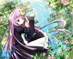  adapted_costume crescent flower iris_yayoi long_hair looking_at_viewer patchouli_knowledge petals purple_eyes purple_hair ripples smile solo touhou water 