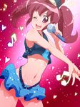  aino_megumi alternate_form beamed_eighth_notes blush breasts crop_top crop_top_overhang eighth_note happinesscharge_precure! hat microphone midriff musical_note navel one_eye_closed open_mouth pink_background precure red_eyes red_hair short_hair small_breasts smile solo tj-type1 twintails wireless 