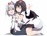  animal_ears black_hair blush bwell detached_sleeves hat heart inubashiri_momiji multiple_girls red_eyes shameimaru_aya short_hair silver_hair smile tail tokin_hat touhou wings wolf_ears wolf_tail 