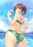  ajishio ass bikini black_hair blush cloud cup day earrings from_behind hair_ornament jewelry looking_at_viewer looking_back love_live! love_live!_school_idol_project natsuiro_egao_de_1_2_jump! open_mouth red_eyes short_hair sky soda solo swimsuit trefoil twintails water yazawa_nico 