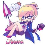  alternate_costume blonde_hair character_name chibi closed_umbrella cloud forecast_janna glasses janna_windforce league_of_legends lowres microphone shimatta short_hair simple_background tied_hair umbrella white_background 