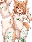  1girl :3 :d absurdres animal_ears arms_up bangs blonde_hair blush breasts commentary_request dress eyebrows_visible_through_hair eyelashes fluffy fox_ears fox_girl fox_shadow_puppet fox_tail green_ribbon highres kudamaki_tsukasa looking_at_viewer multiple_views nasunasuurin open_mouth ribbon romper short_sleeves simple_background small_breasts smile standing tail tongue touhou translated uneven_eyes upper_body vine_print white_background white_dress wide_sleeves yellow_eyes 