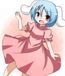  animal_ears blue_hair bunny_ears cosplay dress gradient gradient_background hand_up inaba_tewi inaba_tewi_(cosplay) looking_at_viewer open_mouth pink_background pink_dress puffy_short_sleeves puffy_sleeves red_eyes reisen short_hair short_sleeves solo ten203159 touhou 