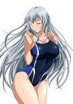 breasts chouun_shiryuu cleavage closed_eyes collarbone competition_swimsuit covered_navel groin ikkitousen large_breasts long_hair one-piece_swimsuit sideboob silver_hair simple_background solo swimsuit white_background 