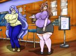  2girls blue_eyes blue_hair borrowed_character breasts brown_eyes brown_hair cafe cash_register fat gigantic_breasts glasses huge_breasts jyazue_kirihara milf multiple_girls plump ring stool sweater 