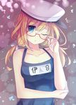  ;t adjusting_eyewear bad_id bad_pixiv_id blonde_hair glasses hat i-8_(kantai_collection) kantai_collection long_hair one-piece_swimsuit one_eye_closed pout school_swimsuit swimsuit twintails vebonbon 