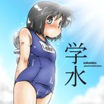  black_eyes black_hair gaketsu nichijou one-piece_swimsuit school_swimsuit shinonome_nano short_hair standing swimsuit wet winding_key 