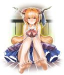  barefoot blush bow brown_eyes colorized dress feet hair_bow hair_ornament hair_ribbon highres horn_ribbon horns ibuki_suika long_hair looking_at_viewer nail_polish orange_hair oshake red_nails ribbon shirt sitting sleeveless sleeveless_shirt smile solo toenail_polish toenails touhou very_long_hair 