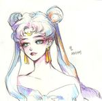  akame_(chokydaum) bare_shoulders bishoujo_senshi_sailor_moon blue_eyes circlet colored_pencil_(medium) crescent_moon earrings jewelry long_hair moon parted_lips queen_serenity solo traditional_media twintails upper_body white_hair 
