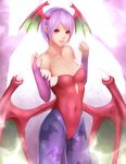  animal_print bad_id bad_pixiv_id banned_artist bat_print bat_wings breasts bridal_gauntlets demon_girl head_wings leotard lilith_aensland pantyhose print_legwear purple_hair red_eyes red_leotard short_hair small_breasts standing succubus vampire_(game) wings yazuwo 