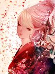  eyeshadow hebi_(yurari) highres japanese_clothes kimono lips long_hair lying makeup original petals pink_eyes pink_hair solo 