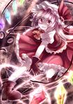  ascot blonde_hair boots flandre_scarlet gloves glowing glowing_wings hat hat_ribbon laevatein md5_mismatch miyakure mob_cap pink_eyes puffy_sleeves red_gloves ribbon shaded_face shirt short_sleeves side_ponytail skirt skirt_set solo touhou vest wings 