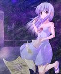  breasts dress feet ghettoyouth kagra_frederique long_hair non-web_source off_shoulder parted_lips purple_hair sandals small_breasts snow solo strap_slip sundress when_the_bells_toll 