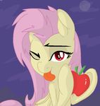  apple bat_pony equine female feral flutterbat_(mlp) fluttershy_(mlp) friendship_is_magic fruit fur hair holding long_hair mammal mostazathy my_little_pony one_eye_closed outside pegasus pink_hair red_eyes solo tongue tongue_out wings yellow_fur 