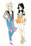  akame_(chokydaum) alternate_costume android_18 black_hair blazer blue_pants bob_cut casual dragon_ball dragon_ball_z fashion full_body hand_in_pocket high_heels jacket jewelry low_twintails multiple_girls necklace orange_skirt pants pearl_necklace skirt striped twintails vertical_stripes videl white_background 