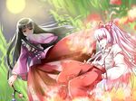  backlighting baggy_pants bamboo black_hair bow bowtie branch covering_mouth fire fujiwara_no_mokou hair_ribbon hands_in_pockets highres houraisan_kaguya jeweled_branch_of_hourai karadborg long_hair long_sleeves moon multiple_girls pants ponytail profile puffy_long_sleeves puffy_sleeves red_footwear red_pants ribbon rivalry shoes silver_hair smirk touhou very_long_hair wide_sleeves 