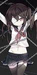  ahoge arms_up bandages black_hair black_legwear chain cowboy_shot heart-shaped_lock lock long_hair looking_at_viewer mouth_hold navel original red_eyes saru scar school_uniform serafuku skirt solo thighhighs zettai_ryouiki 