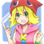  amitie_(puyopuyo) bad_id bad_pixiv_id blonde_hair flipped_hair green_eyes hat hood hoodie matsu_(sekaowaoneok) puyopuyo puyopuyo_fever shirt short_hair sleeveless sleeveless_shirt solo 