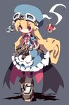  apron bag black_legwear blonde_hair blue_dress blue_hat curly_hair dangomushi dress frills full_body goggles goggles_on_head grey_background hat long_hair marivel_armitage pantyhose pointy_ears red_eyes robot shoes smile solo standing wild_arms wild_arms_2 