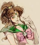  akame_(chokydaum) big_hair bishoujo_senshi_sailor_moon bow brooch brown_hair choker circlet green_choker green_eyes green_sailor_collar hair_bobbles hair_ornament high_ponytail jewelry kino_makoto long_hair pink_bow sailor_collar sailor_jupiter sailor_senshi_uniform simple_background solo upper_body 