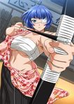  1girl arrow bandage blue_hair bow_(weapon) breasts green_eyes ikkitousen large_breasts official_art ryomou_shimei short_hair solo standing weapon 