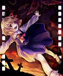  ascot bird blonde_hair cross film_border graveyard hair_ribbon long_sleeves open_mouth outstretched_arms red_eyes ribbon rumia sanso shirt skirt skirt_set smile solo sunset touhou vest 