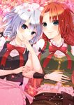 apron aqua_eyes bangs blue_eyes bow bowtie braid chitose_(usacan) glitter hand_on_own_stomach hong_meiling izayoi_sakuya lavender_hair looking_at_viewer lying maid_headdress multiple_girls no_hat no_headwear parted_bangs petals red_hair short_sleeves silver_hair smile sparkle touching touhou twin_braids vest waist_apron wrist_cuffs 