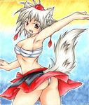  absurdres animal_ears armpits bare_shoulders blush breasts fang happy hat highres inte_(whitewolftail) inubashiri_momiji looking_at_viewer medium_breasts panties red_eyes sarashi short_hair silver_hair solo tail tokin_hat touhou underwear wolf_ears wolf_tail 