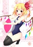  ball black_legwear blonde_hair blush fang flandre_scarlet hair_ribbon hand_in_hair highres looking_at_viewer miy@ one-piece_swimsuit open_mouth ribbon school_swimsuit side_ponytail smile solo swimsuit thighhighs touhou wings 