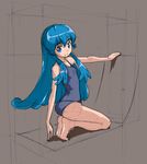  blue_eyes blue_hair brown_background happinesscharge_precure! kneeling long_hair one-piece_swimsuit precure rohitsuka school_swimsuit shirayuki_hime sketch solo swimsuit 