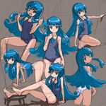  all_fours blue_eyes blue_hair blush brown_background happinesscharge_precure! kneeling long_hair looking_at_viewer looking_back multiple_views one-piece_swimsuit open_mouth precure rohitsuka school_swimsuit shirayuki_hime sitting sketch smile swimsuit white_school_swimsuit white_swimsuit 