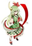  bad_id bad_pixiv_id bow dress ex-keine green_hair horns kamishirasawa_keine long_hair looking_at_viewer nakukoroni red_eyes scroll simple_background smile solo touhou white_background 